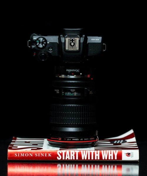 Camera lens placed vertically on Simon Sinek's 'Start with Why' book, against a dark background.